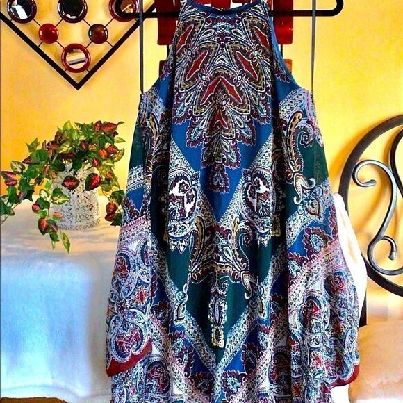 FESTIVAL NIGHT RIDER BOHO KERCHIEF HEM DRESS - TRUE TEAL/TAN 8 NWT - Picture 6 of 16